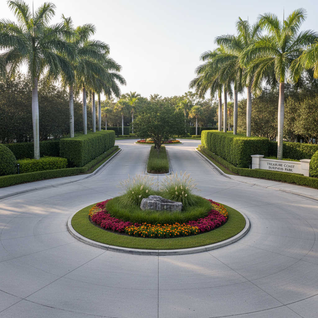 An elegant commercial property entrance on Florida’s Treasure Coast, featuring a wide, smooth concrete entry drive framed by symmetrical rows of perfectly trimmed hedges and tall royal palms rising like columns. At the center of the roundabout, a raised planting island displays a professionally designed arrangement of colorful annuals, low ornamental grasses, and a sculptural boulder. Photographic realism, captured from a slightly elevated, wide-angle perspective to showcase the grand scale and tidy lines. Late morning sunlight creates bright, even illumination and subtle shadows that emphasize structure rather than drama. The mood is polished and corporate, with crisp detail throughout, conveying reliability and the high standards of a professional landscaping service provider.