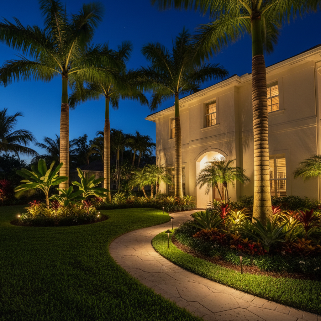 A nighttime view of a professionally lit Florida front yard, showcasing landscape lighting design. Low-voltage uplights cast warm beams on the textured trunks of tall palms and the smooth stucco of the house, while discreet path lights create a dotted line of soft glow along a curved walkway edged with pristine turf. Planting beds with glossy foliage subtly catch the light, revealing layers of height and color. Photographic realism, captured from a low angle facing the house, with a deep blue twilight sky in the background. The mood is secure, inviting, and upscale, with controlled highlights and gentle shadows that show off the precision of the landscaping and the strategic placement of each light fixture.