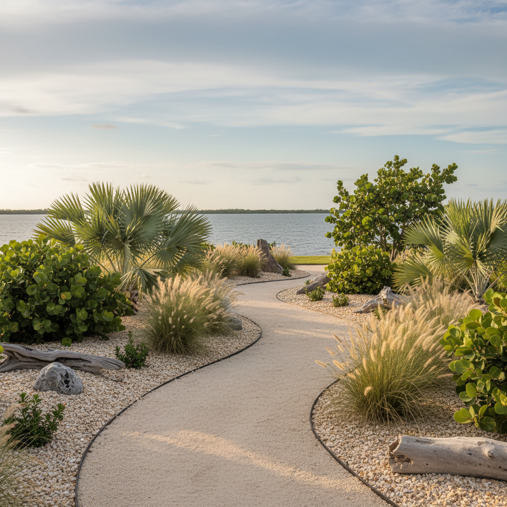 A coastal-inspired landscape design tailored to Florida’s Treasure Coast, featuring a sandy-toned crushed shell pathway winding between drought-tolerant plantings of silver saw palmetto, sea grape, and ornamental grasses that sway gently. The beds are neatly edged and mulched with light-colored shells, accented by strategically placed driftwood pieces and smooth, sun-bleached stones. In the distance, a hint of intracoastal waterway shimmers under a soft blue sky. Photographic realism, shot at eye level during soft late-afternoon light, with gentle shadows and a calm, breezy atmosphere. The composition uses the winding path to lead the viewer’s eye through the scene, emphasizing thoughtful, climate-appropriate landscape design that feels both natural and professionally curated.