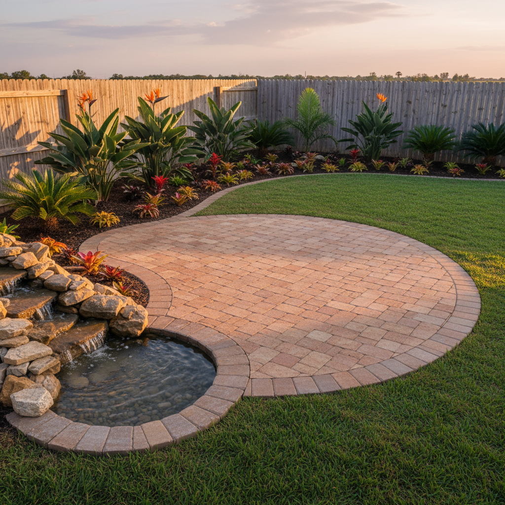 A freshly landscaped backyard oasis on Florida’s Treasure Coast, centered on a sweeping paver patio bordered by thick, manicured turf and a curved planting bed filled with bird-of-paradise, bromeliads, and dwarf palms. A small rock-lined water feature trickles into a shallow basin, surrounded by smooth river stones. The scene is bathed in golden hour sunlight, creating warm highlights on the wet stones and soft reflections on the water surface. Photographic realism, shot from a slightly elevated angle to show the flowing layout and layered plantings. The atmosphere is serene and upscale, with sharp focus on the textures of leaves, stones, and pavers, and a gentle bokeh on the distant wooden privacy fence and faint glimpse of a calm, pastel sky.