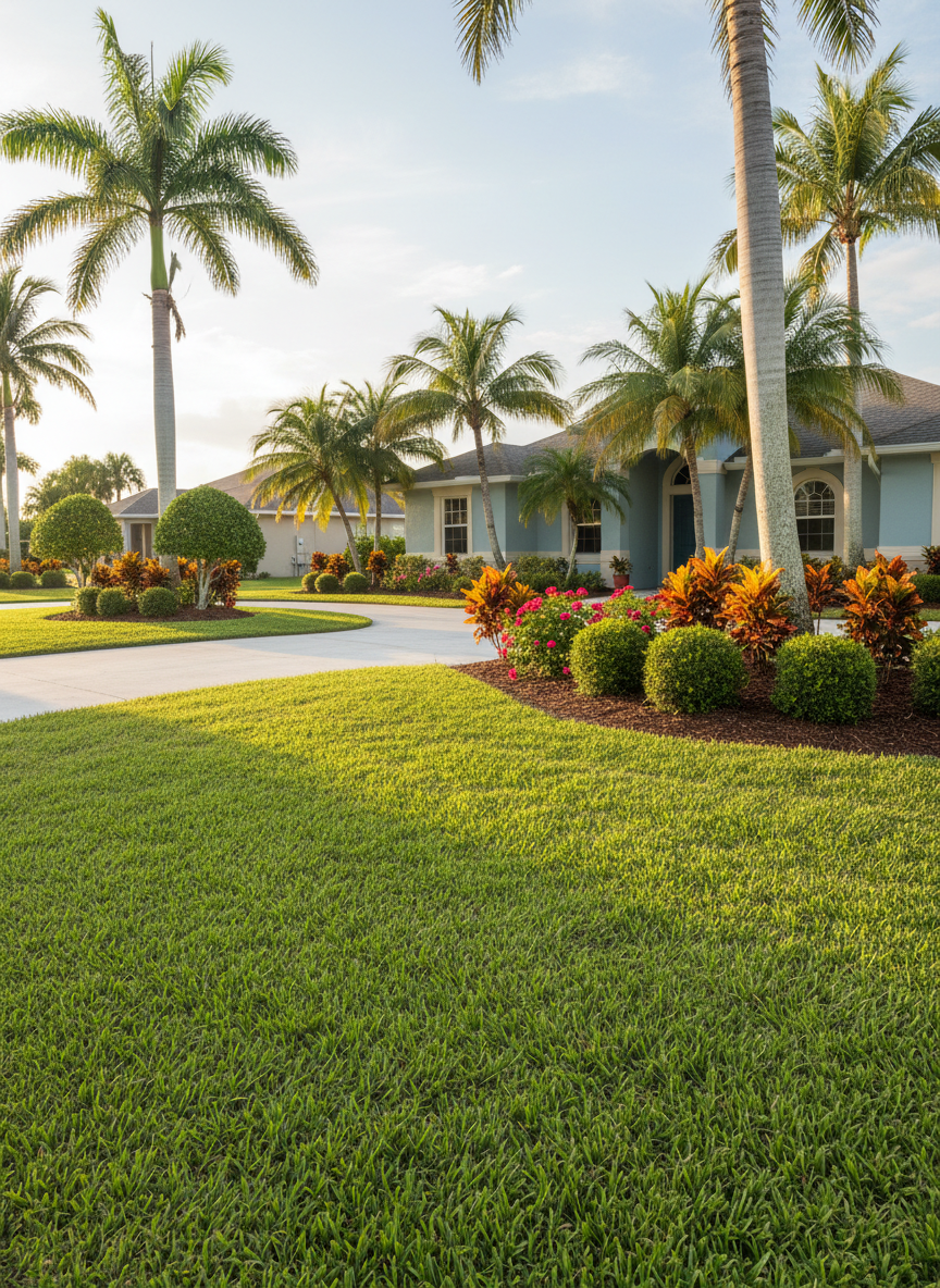 A meticulously maintained Florida residential front yard showcasing lush emerald-green St. Augustine grass, precisely edged along a curved concrete driveway and a clean, light-colored walkway. Layered landscape beds feature vibrant hibiscus, crotons, and neatly trimmed Indian hawthorn, bordered by dark mulch that contrasts with the lawn. Tall, healthy palms rise in the background, framing the single-story stucco home with a pale, coastal color palette. Captured in photographic realism at eye level during late afternoon with soft, warm sunlight, the scene has crisp detail and gentle shadows, conveying a professional, trustworthy mood. The composition follows the rule of thirds, with the lawn dominating the foreground and a slightly blurred blue-sky background, emphasizing the quality of the landscaping work.