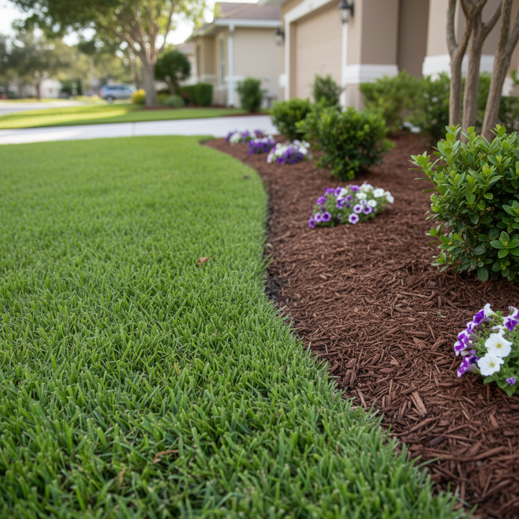 A detailed close-up of precise lawn edging and bed definition in a Florida yard, featuring a razor-straight transition between dense, healthy turf and a mulched flower bed. The bed contains low-growing, glossy green shrubs and flowering perennials in coordinated colors, with dark brown mulch evenly spread and free of debris. Shot in photographic realism from a low, side-angle perspective, the camera focuses tightly on the crisp line where grass meets mulch, creating a shallow depth of field that softly blurs the house façade and driveway beyond. Soft, diffused mid-morning light minimizes harsh shadows, enhancing the professional, meticulous mood and highlighting the clean geometry of the landscape maintenance work.